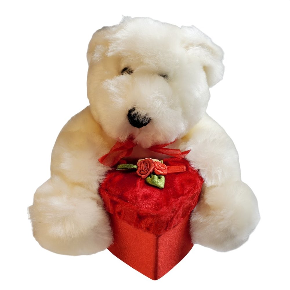 White Plush Teddy Bear Very Soft w/ Red Heart Shaped Box for Gift Presentation